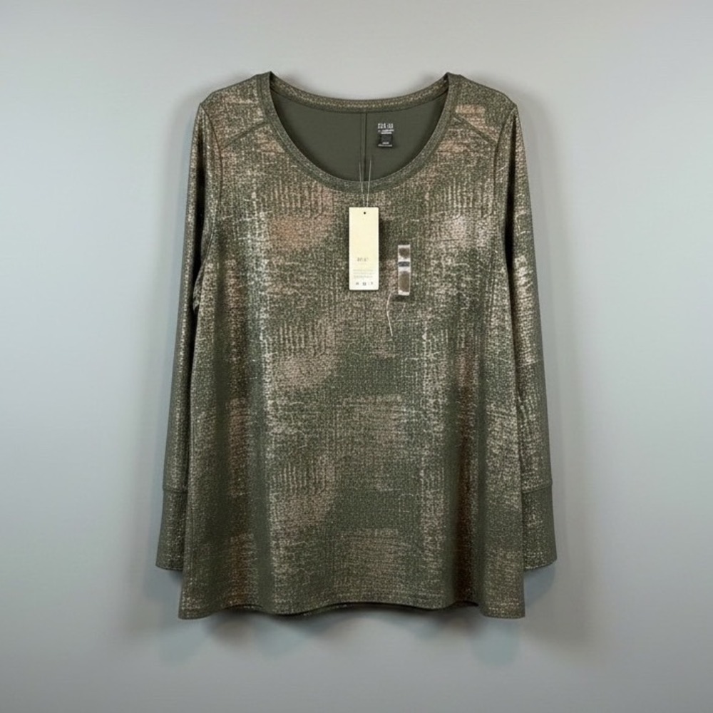 NWT ana A New Approach Olive Green Metallic Foil Long Sleeve Tunic Shirt Top 1X